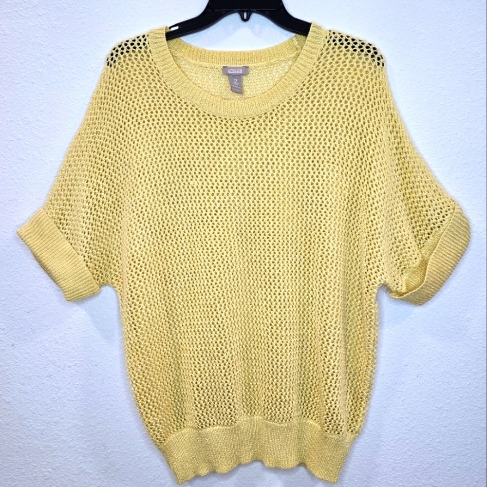 Chicos Summer Yellow Sweater Womens Round Neck Short Sleeves Size L (2).